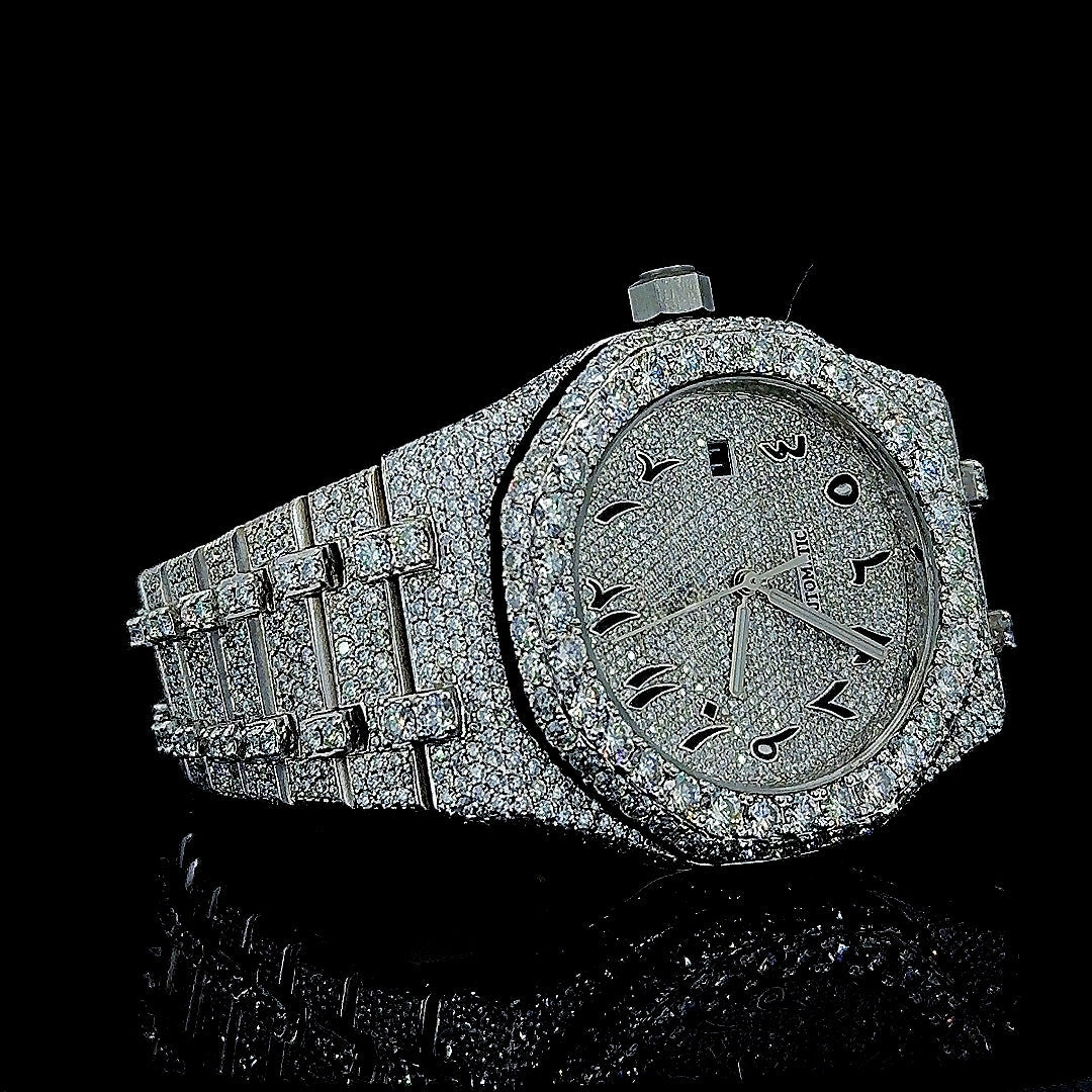 AP Royal Oak Arabic Numerals Dial Fully Iced Out Moissanite Watch Right Profile View