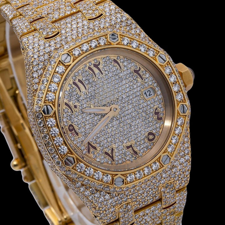 AP Royal Oak Arabic Numerals Diamond Dial Fully Iced Out Yellow Gold Moissanite Watch Close Up Dial View