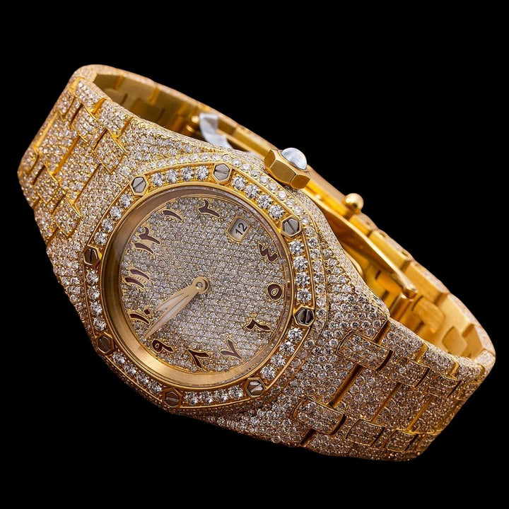 AP Royal Oak Arabic Numerals Diamond Dial Fully Iced Out Yellow Gold Moissanite Watch Close Up Front View