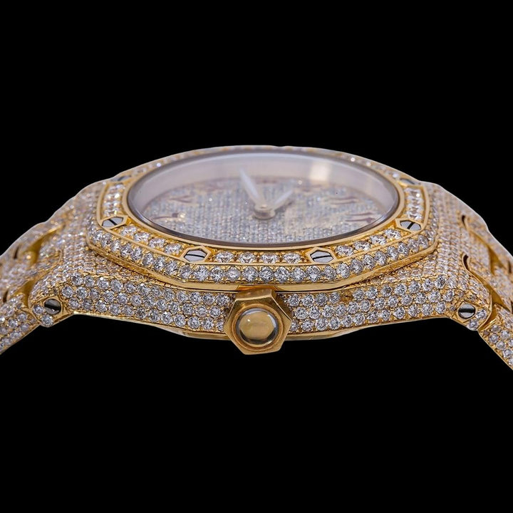 AP Royal Oak Arabic Numerals Diamond Dial Fully Iced Out Yellow Gold Moissanite Watch Crown View