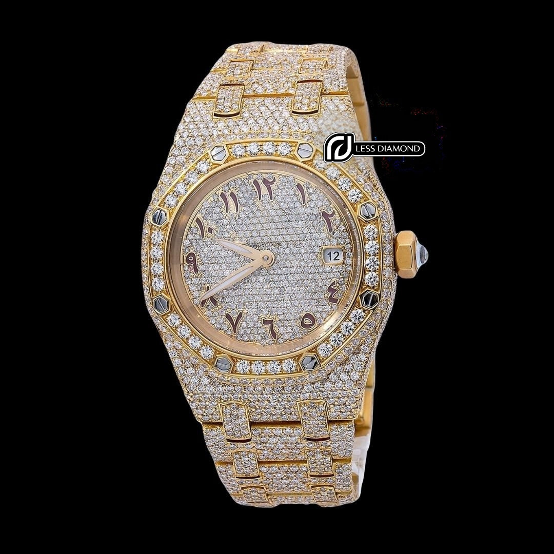 AP Royal Oak Arabic Numerals Diamond Dial Fully Iced Out Yellow Gold Moissanite Watch Front View