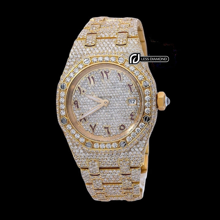 AP Royal Oak Arabic Numerals Diamond Dial Fully Iced Out Yellow Gold Moissanite Watch Front View