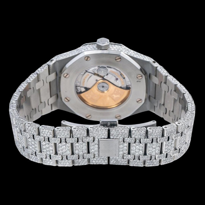 AP Royal Oak Baguette Markers Dial Fully Iced Out Moissanite Diamond Watch Caseback View