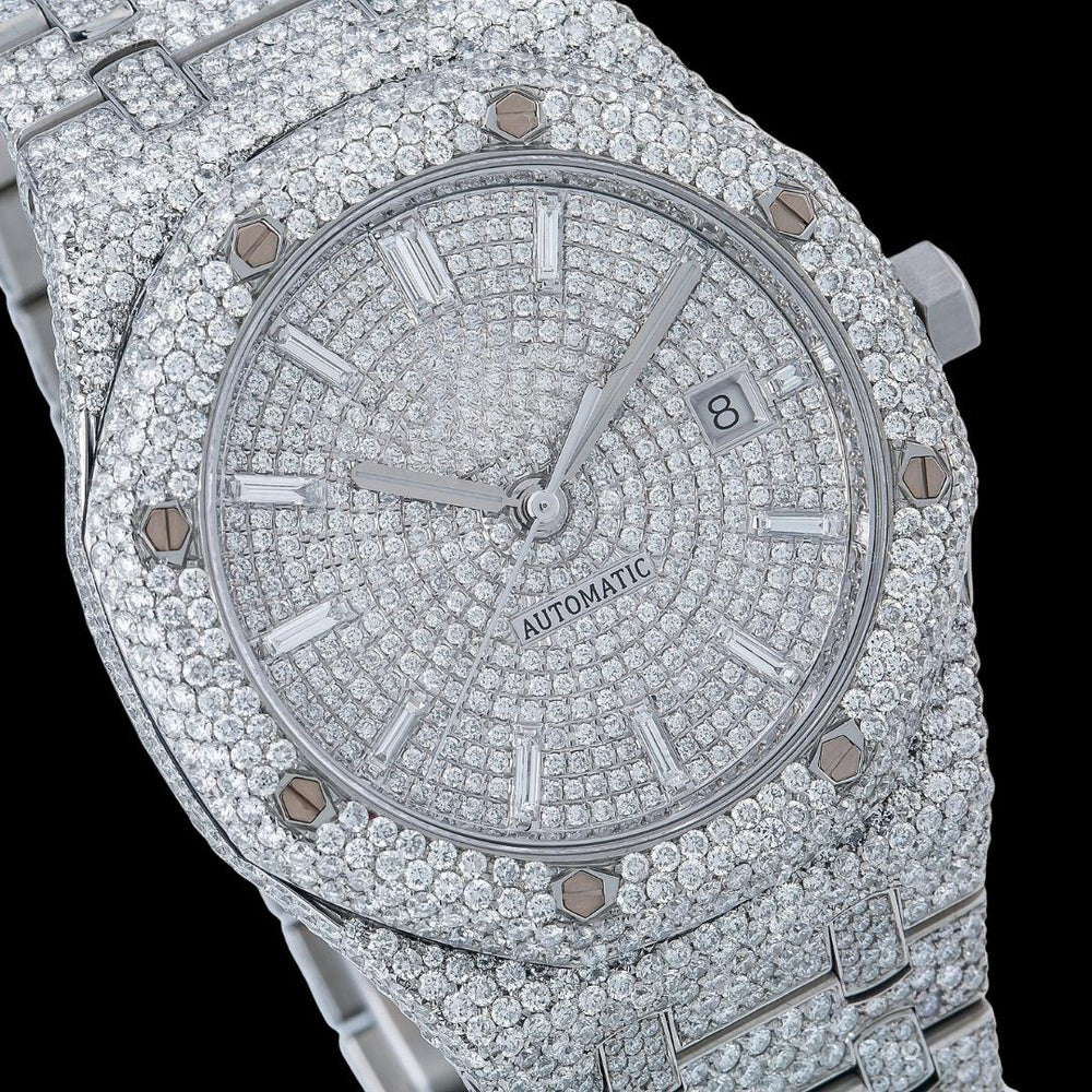 AP Royal Oak Baguette Markers Dial Fully Iced Out Moissanite Diamond Watch Close Up Dial View