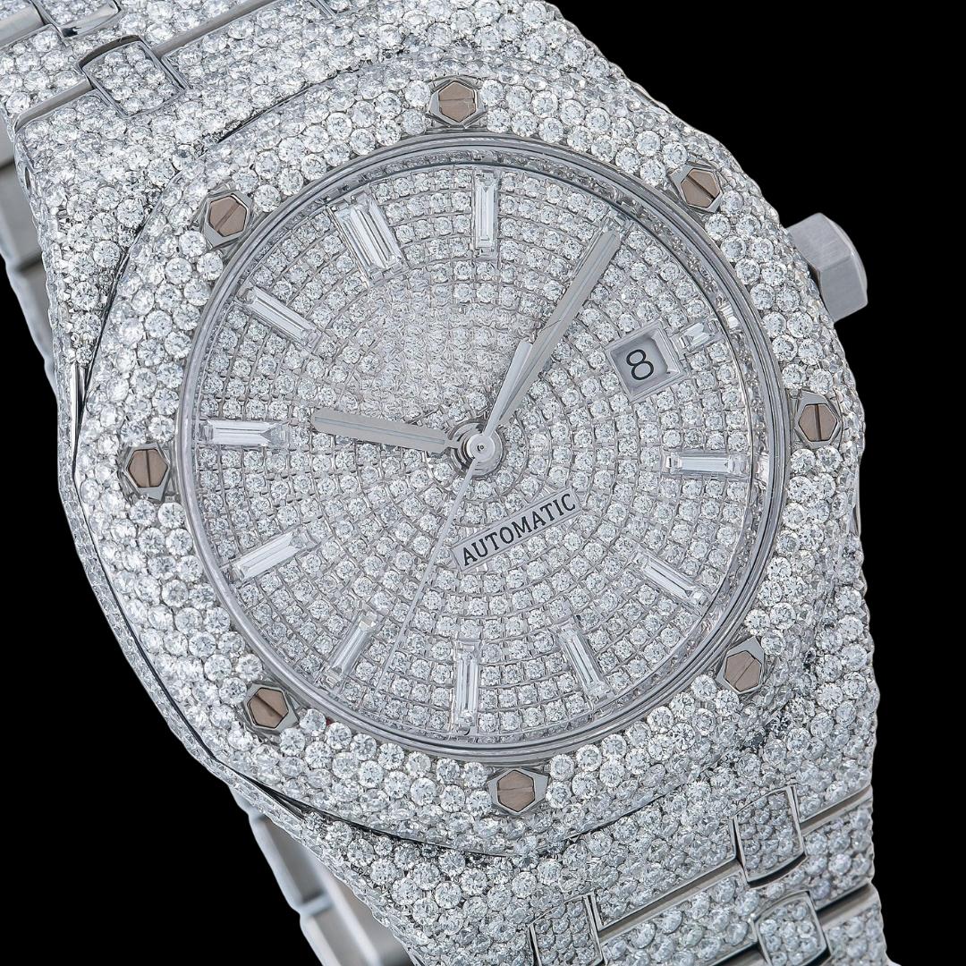 AP Royal Oak Baguette Markers Dial Fully Iced Out Moissanite Diamond Watch Close Up Dial View