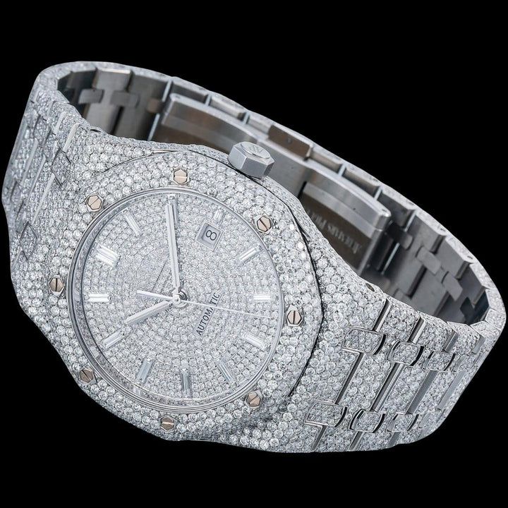 AP Royal Oak Baguette Markers Dial Fully Iced Out Moissanite Diamond Watch Close Up Front View
