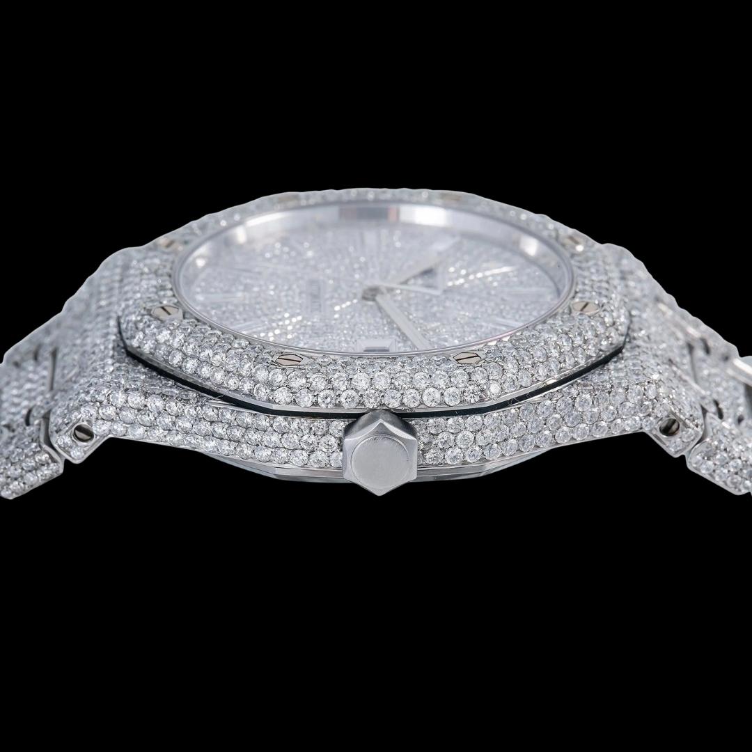 AP Royal Oak Baguette Markers Dial Fully Iced Out Moissanite Diamond Watch Crown View