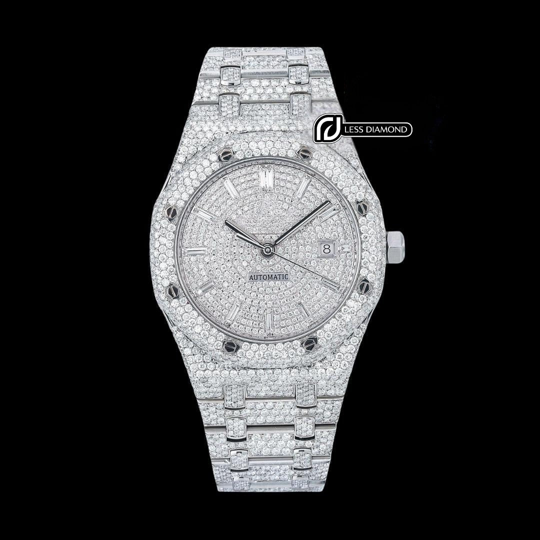 AP Royal Oak Baguette Markers Dial Fully Iced Out Moissanite Diamond Watch Front View
