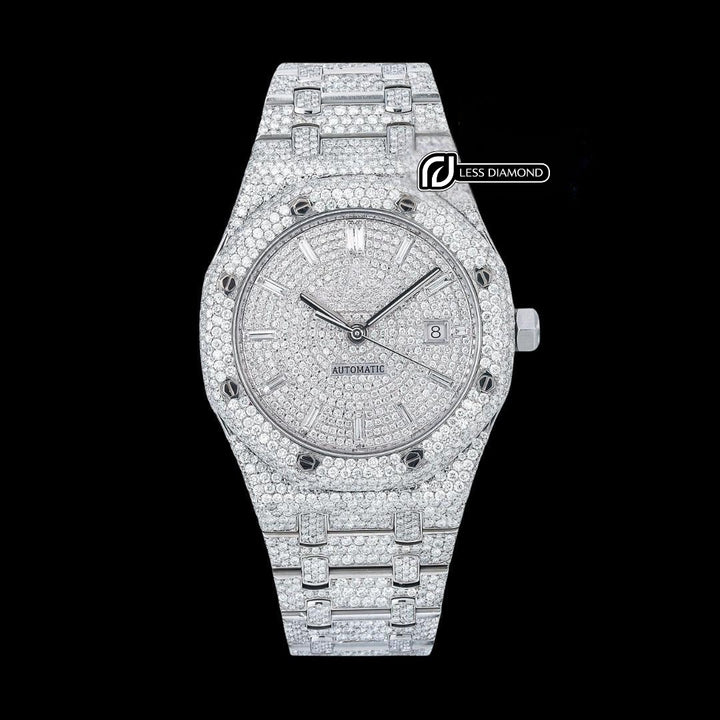 AP Royal Oak Baguette Markers Dial Fully Iced Out Moissanite Diamond Watch Front View