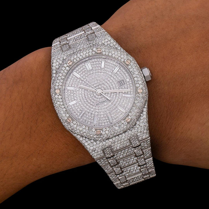AP Royal Oak Baguette Markers Dial Fully Iced Out Moissanite Diamond Watch On Wrist View
