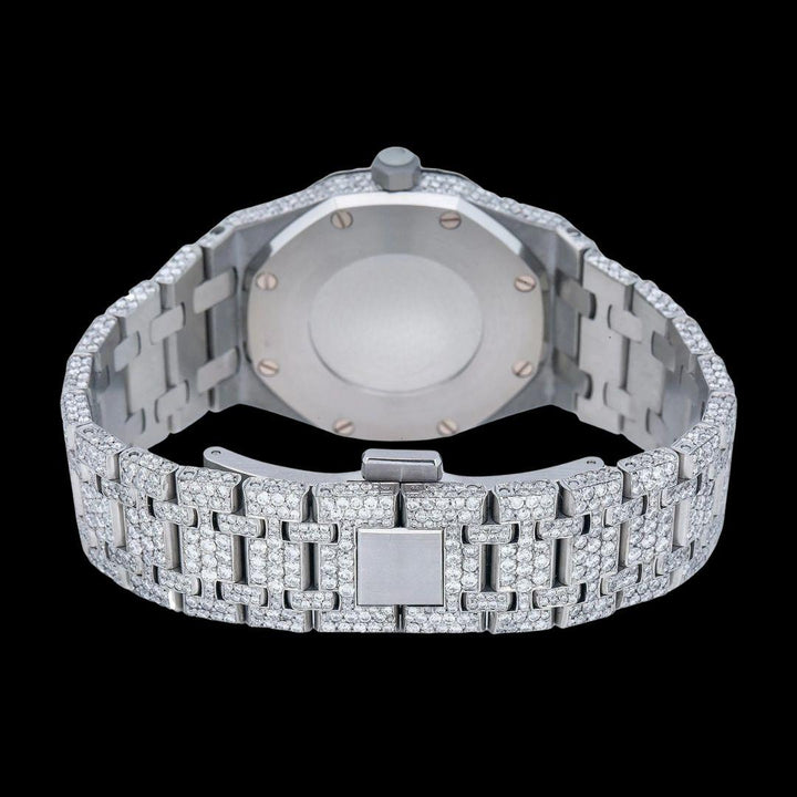 AP Royal Oak Black Dial White Stick Markers Fully Iced Out Moissanite Watch Caseback View