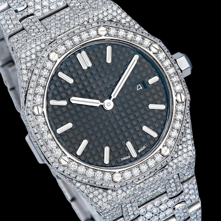 AP Royal Oak Black Dial White Stick Markers Fully Iced Out Moissanite Watch Close Up Dial View