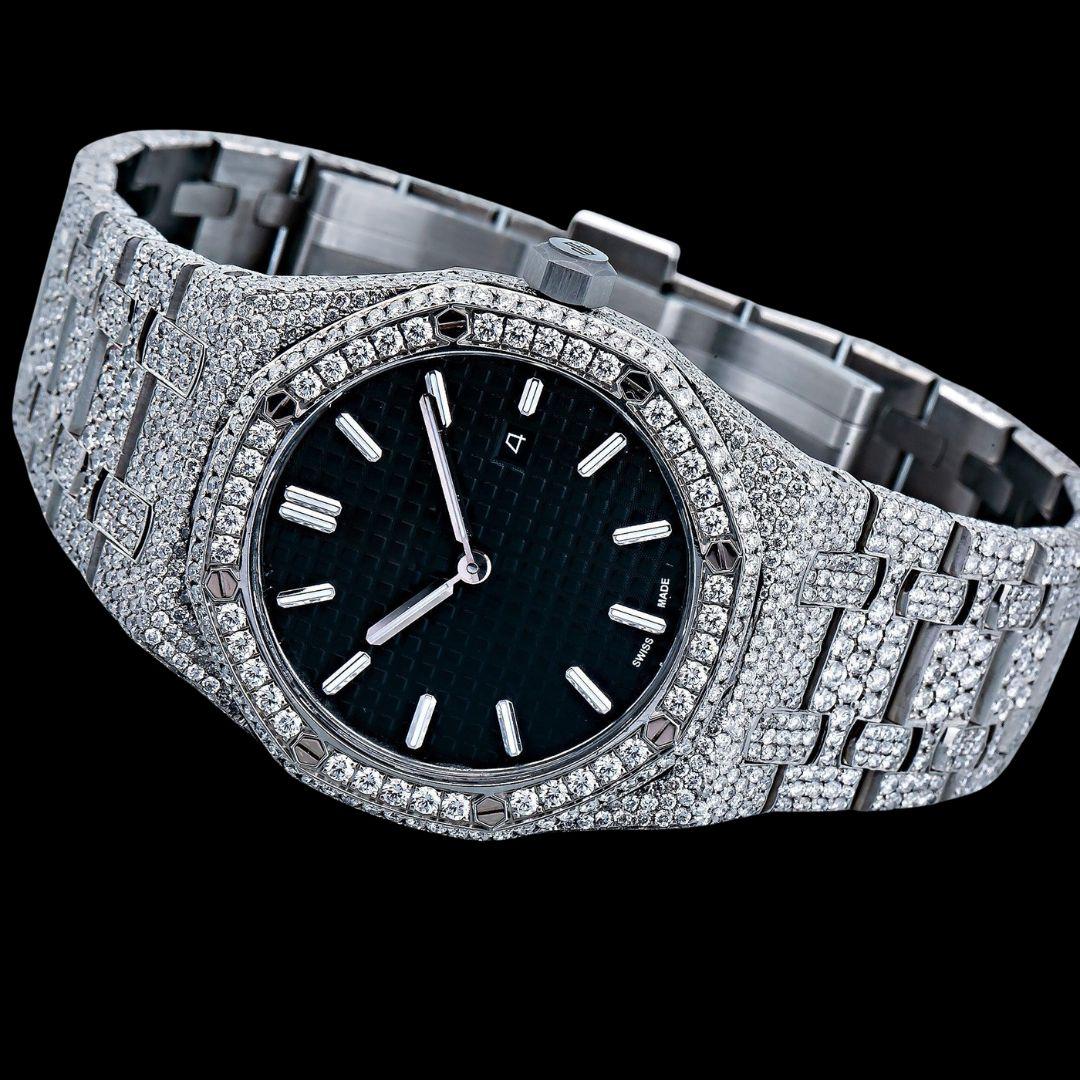 AP Royal Oak Black Dial White Stick Markers Fully Iced Out Moissanite Watch Close Up Front View