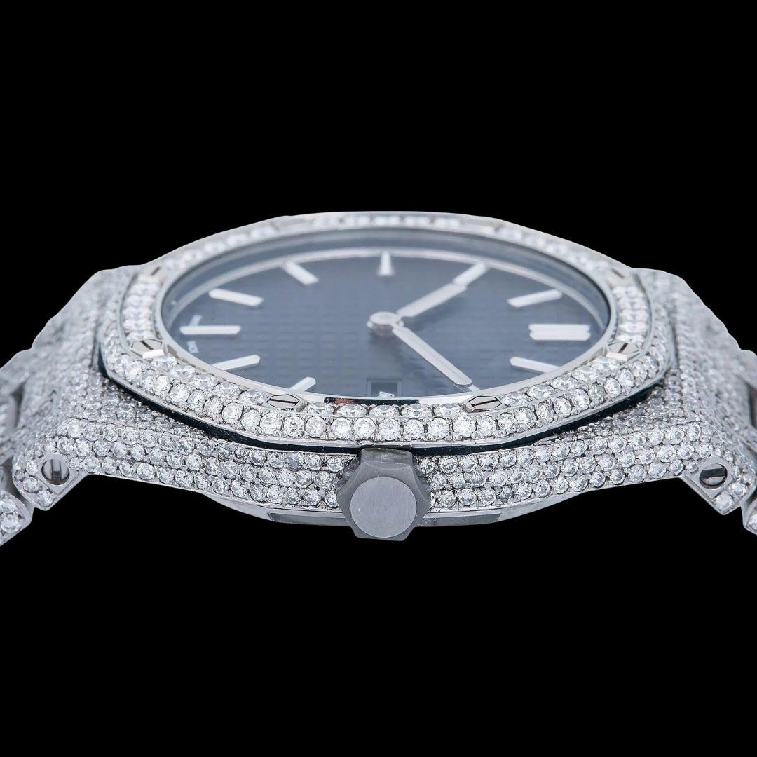 AP Royal Oak Black Dial White Stick Markers Fully Iced Out Moissanite Watch Crown View