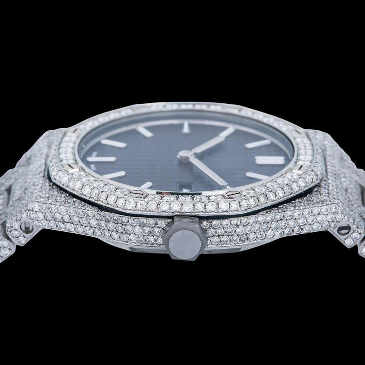 AP Royal Oak Black Dial White Stick Markers Fully Iced Out Moissanite Watch Crown View