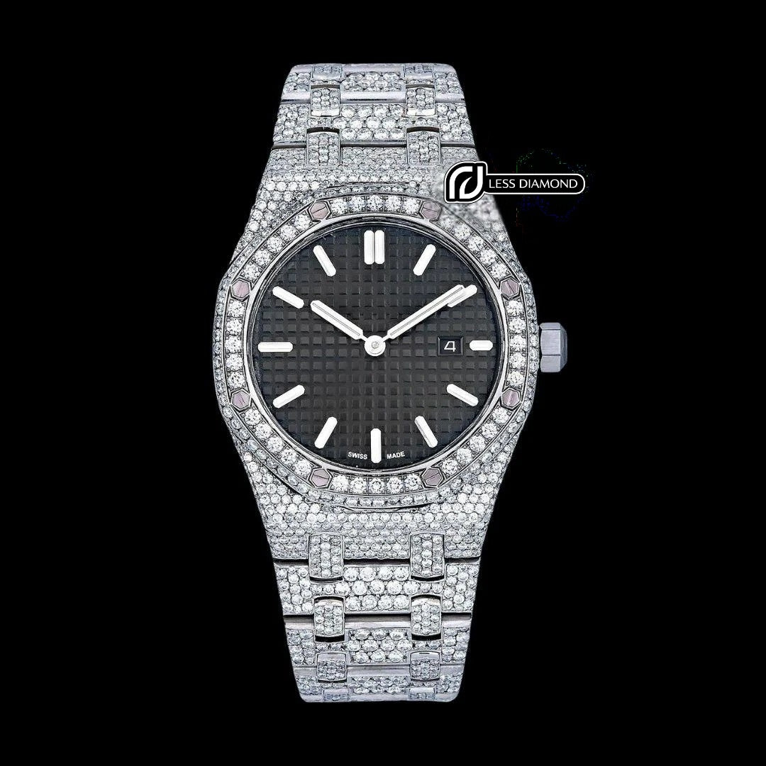 AP Royal Oak Black Dial White Stick Markers Fully Iced Out Moissanite Watch Front View