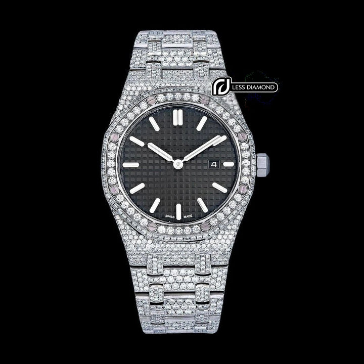 AP Royal Oak Black Dial White Stick Markers Fully Iced Out Moissanite Watch Front View