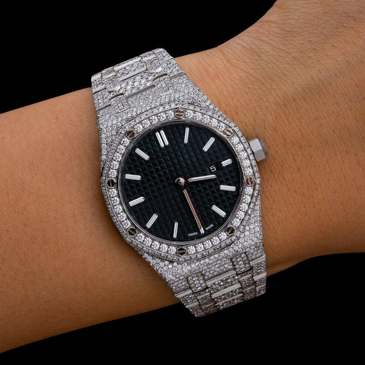 AP Royal Oak Black Dial White Stick Markers Fully Iced Out Moissanite Watch On Wrist View