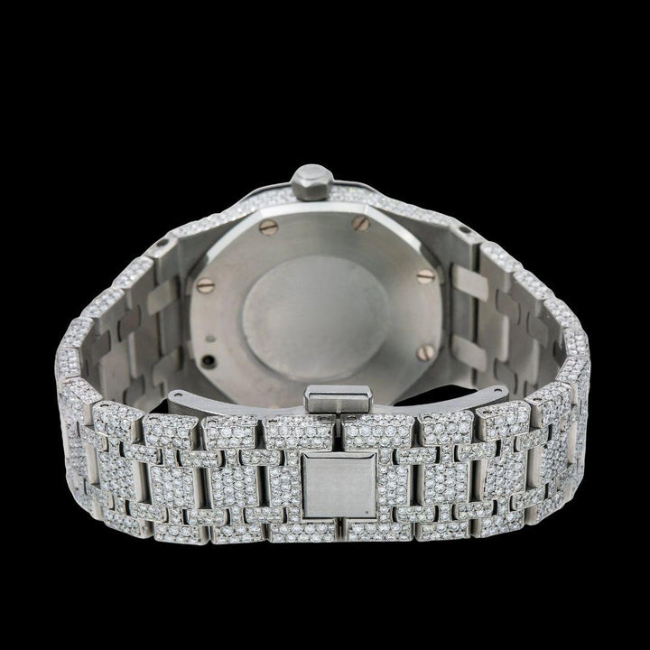 AP Royal Oak Black Stick Markers Diamond Dial Fully Iced Out Moissanite Diamond Watch Caseback View