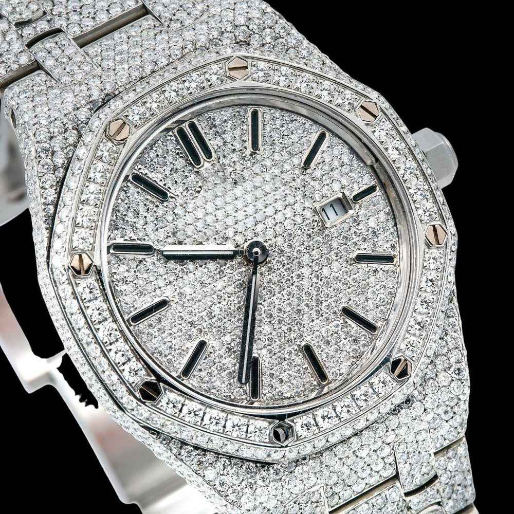 AP Royal Oak Black Stick Markers Diamond Dial Fully Iced Out Moissanite Diamond Watch Close Up Dial View