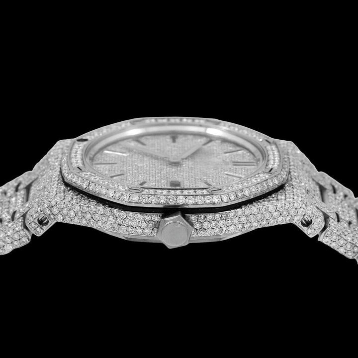 AP Royal Oak Black Stick Markers Diamond Dial Fully Iced Out Moissanite Diamond Watch Crown View