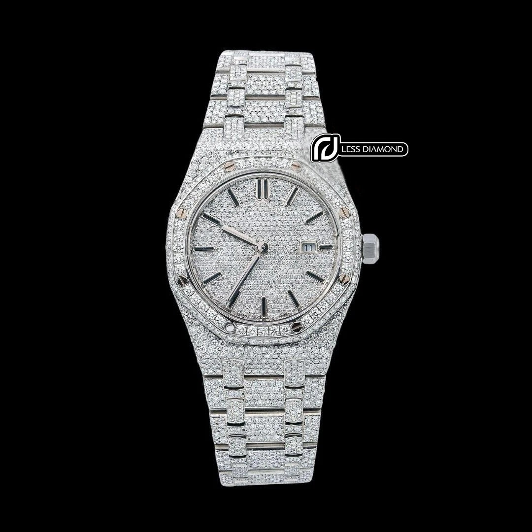 AP Royal Oak Black Stick Markers Diamond Dial Fully Iced Out Moissanite Diamond Watch Front View