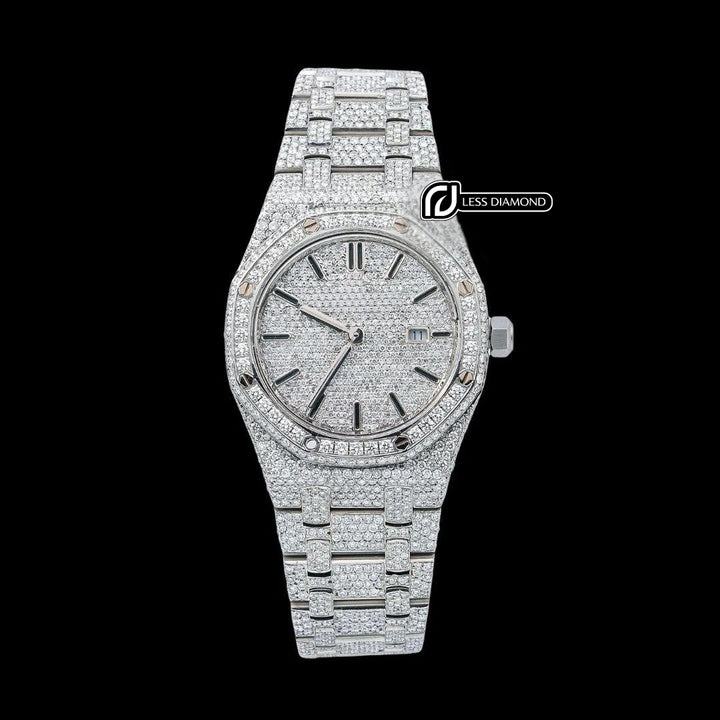AP Royal Oak Black Stick Markers Diamond Dial Fully Iced Out Moissanite Diamond Watch Front View