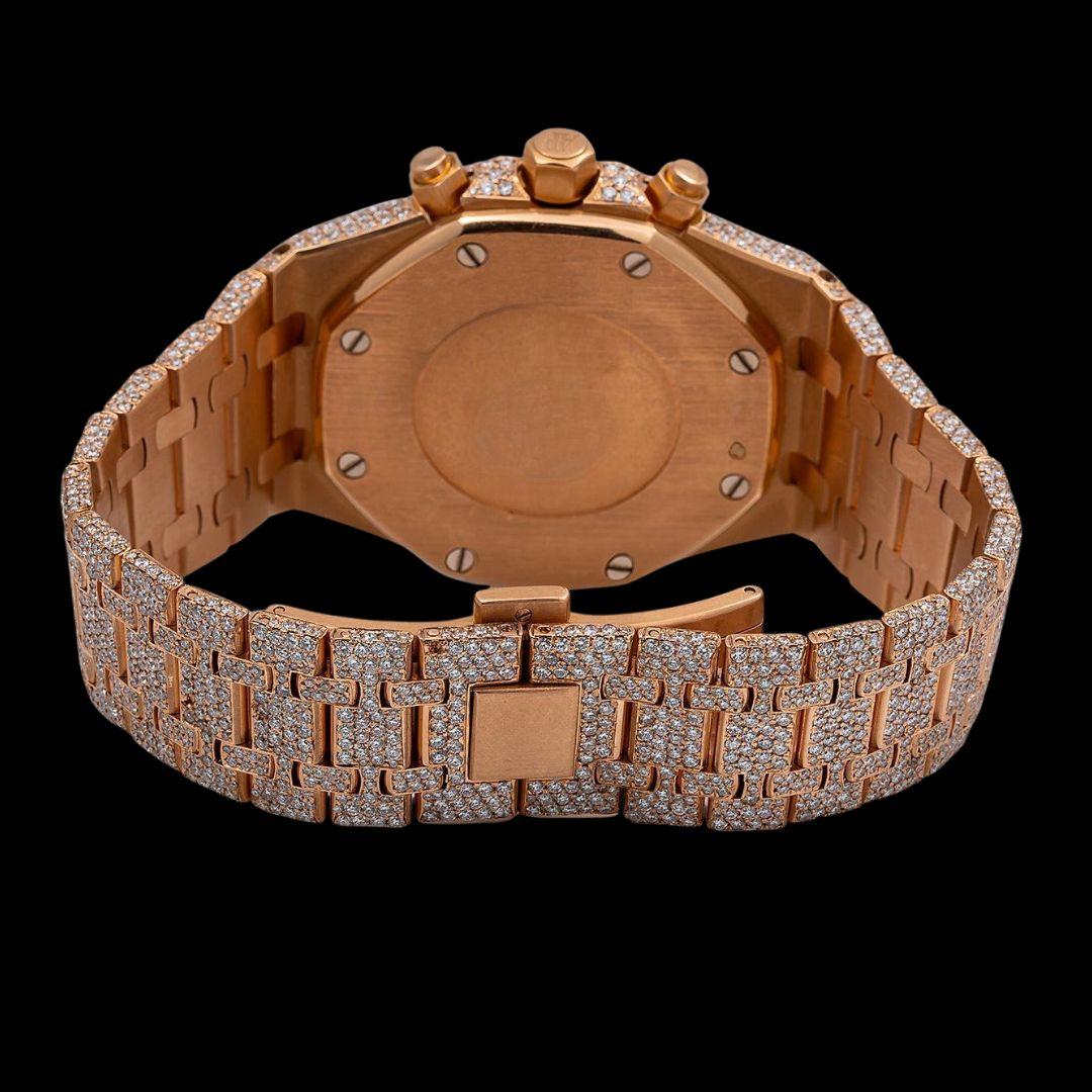 AP Royal Oak Chronograph Black Dial Stick Markers Fully Iced Out Rose Gold Moissanite Watch Caseback View