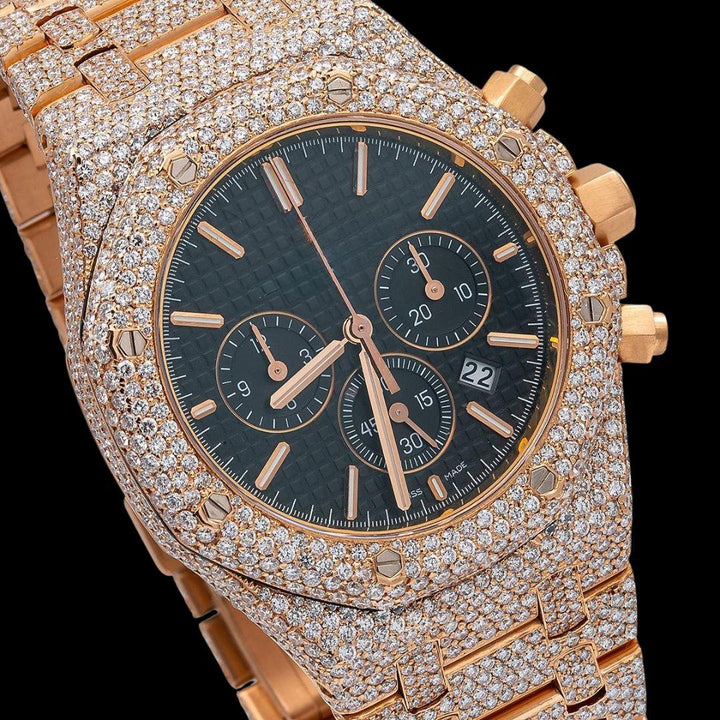 AP Royal Oak Chronograph Black Dial Stick Markers Fully Iced Out Rose Gold Moissanite Watch Close Up Dial View