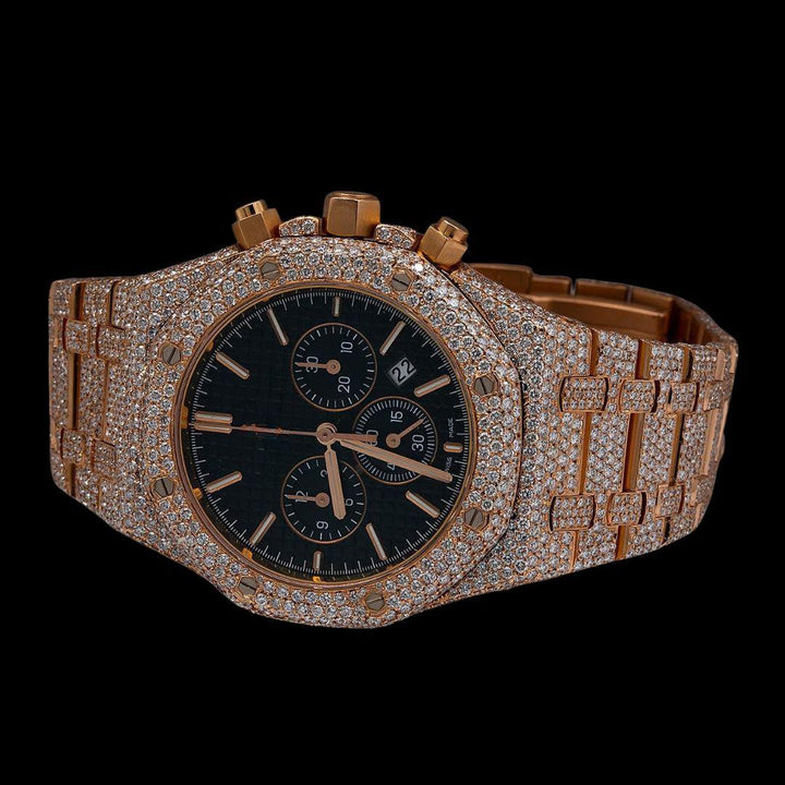 AP Royal Oak Chronograph Black Dial Stick Markers Fully Iced Out Rose Gold Moissanite Watch Close Up Front View