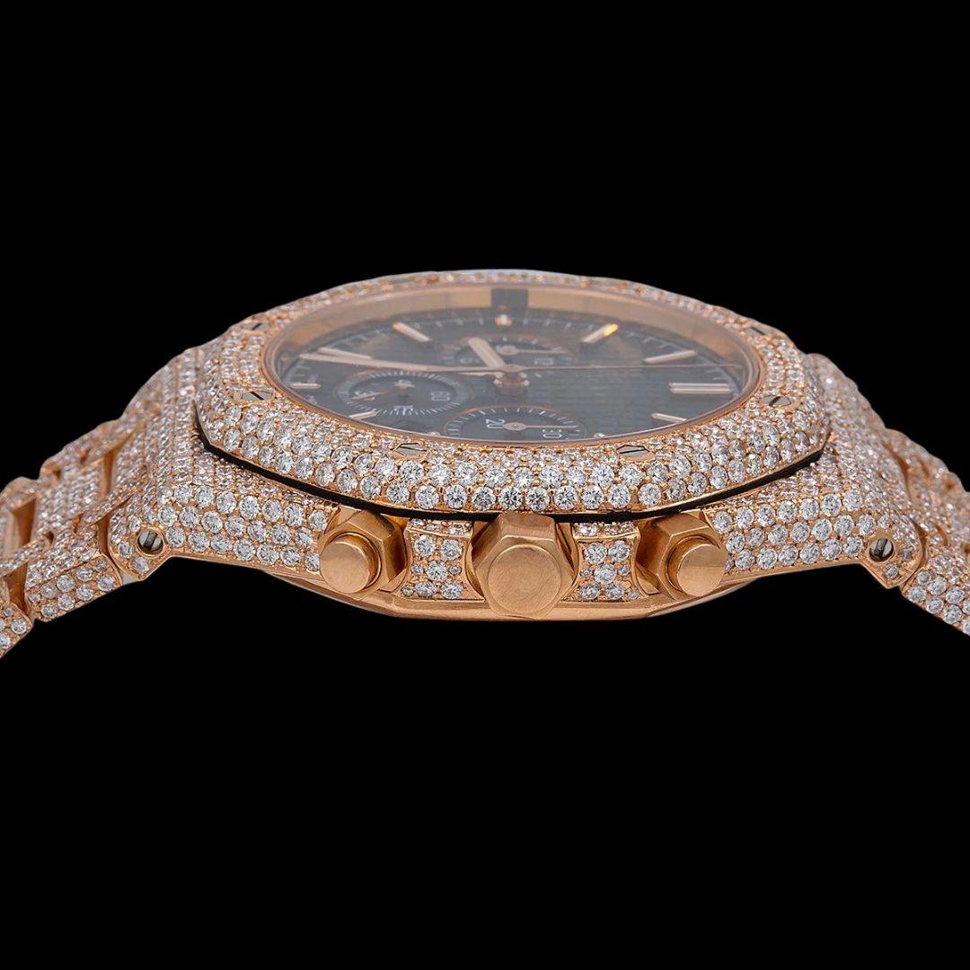 AP Royal Oak Chronograph Black Dial Stick Markers Fully Iced Out Rose Gold Moissanite Watch Crown View