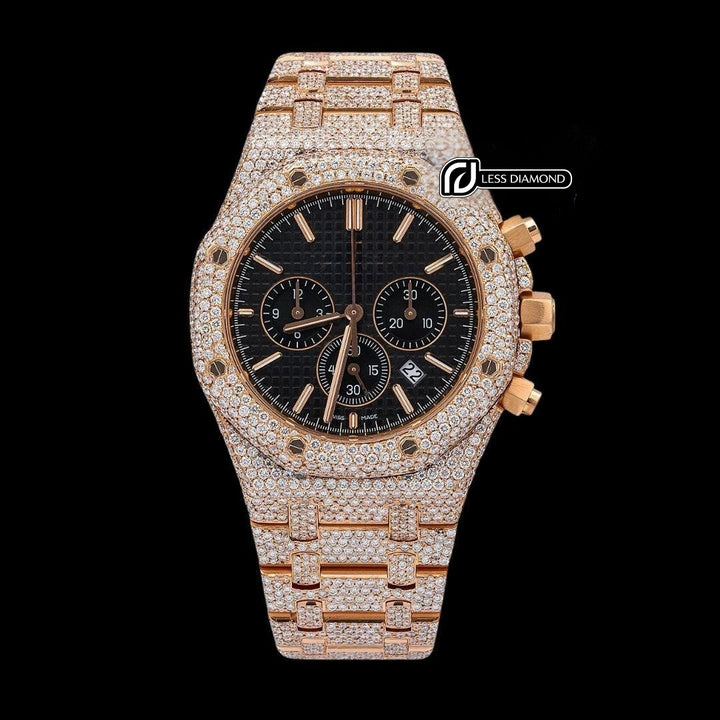 AP Royal Oak Chronograph Black Dial Stick Markers Fully Iced Out Rose Gold Moissanite Watch Front View