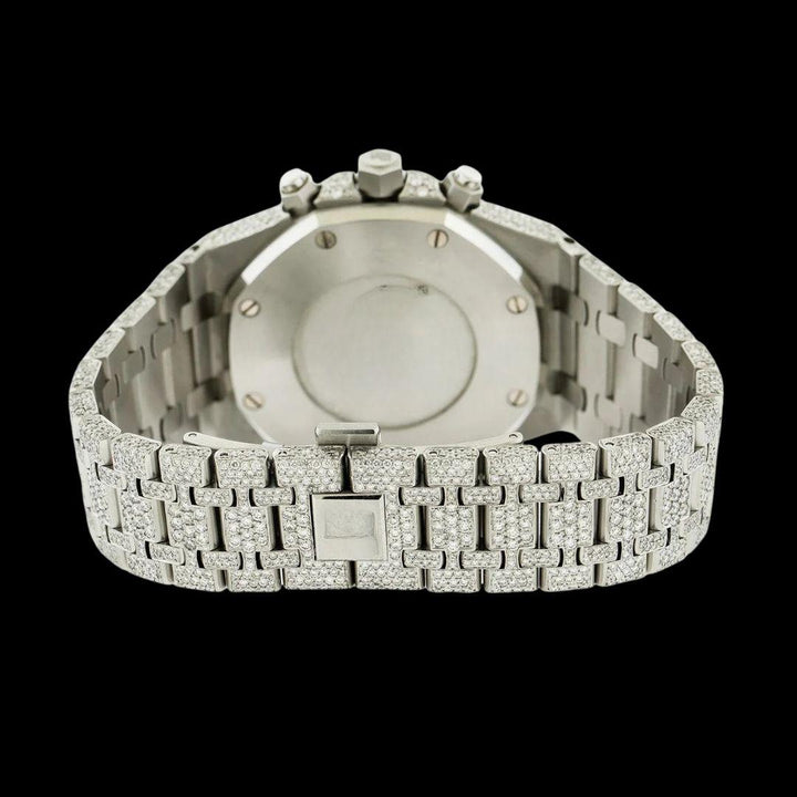 AP Royal Oak Chronograph Black Dial Stick Markets Fully Iced Out Moissanite Watch Caseback View