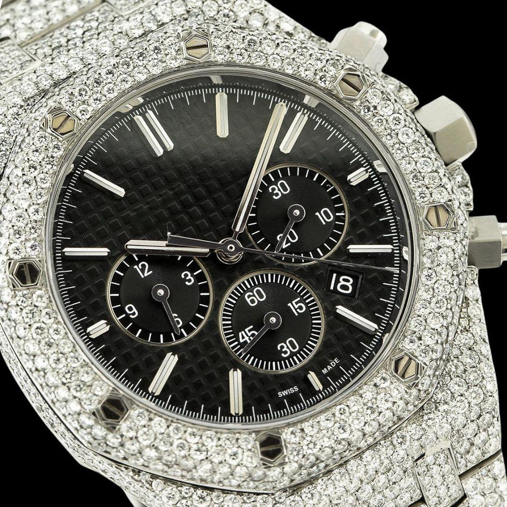 AP Royal Oak Chronograph Black Dial Stick Markets Fully Iced Out Moissanite Watch Close Up Chronograph View
