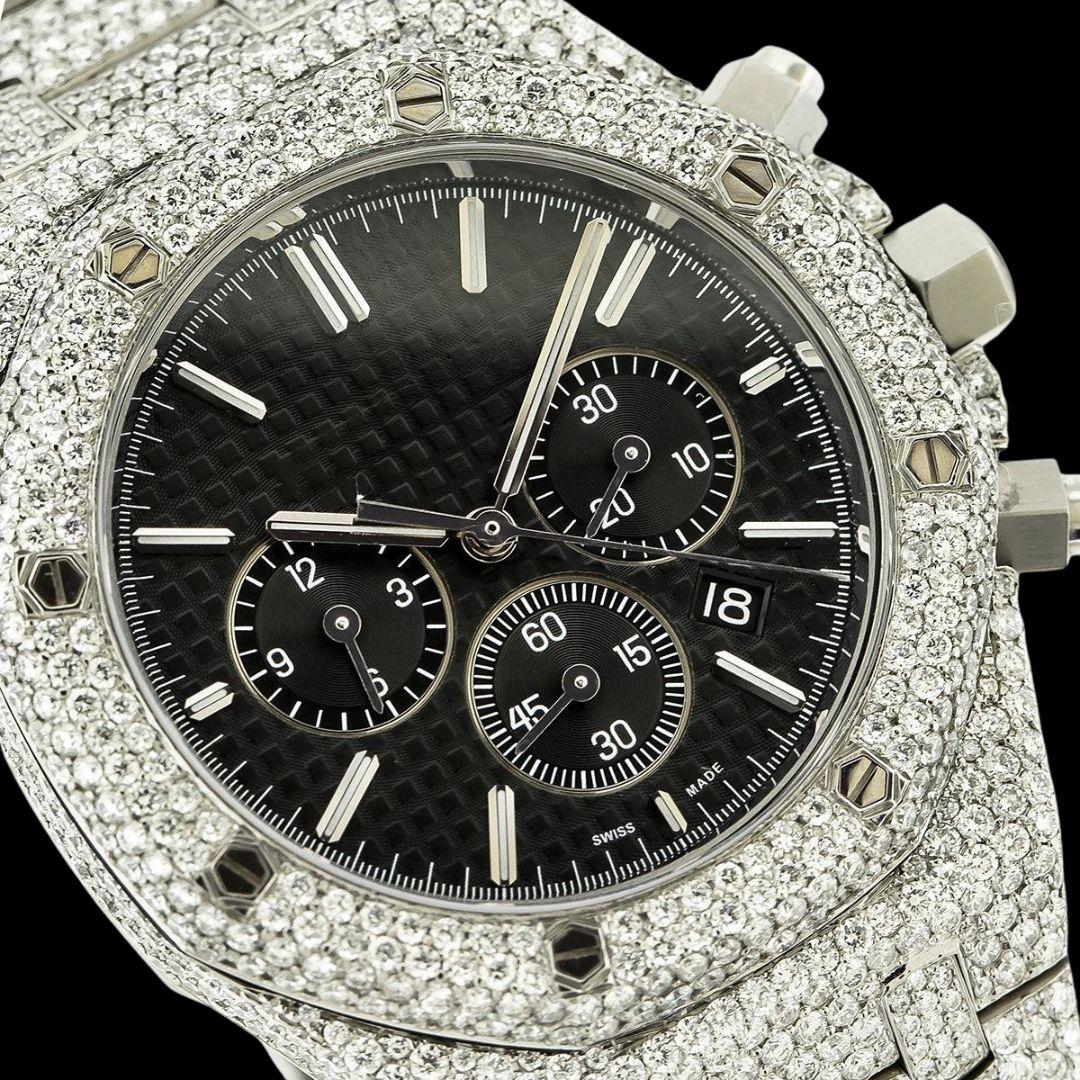 AP Royal Oak Chronograph Black Dial Stick Markets Fully Iced Out Moissanite Watch Close Up Chronograph View