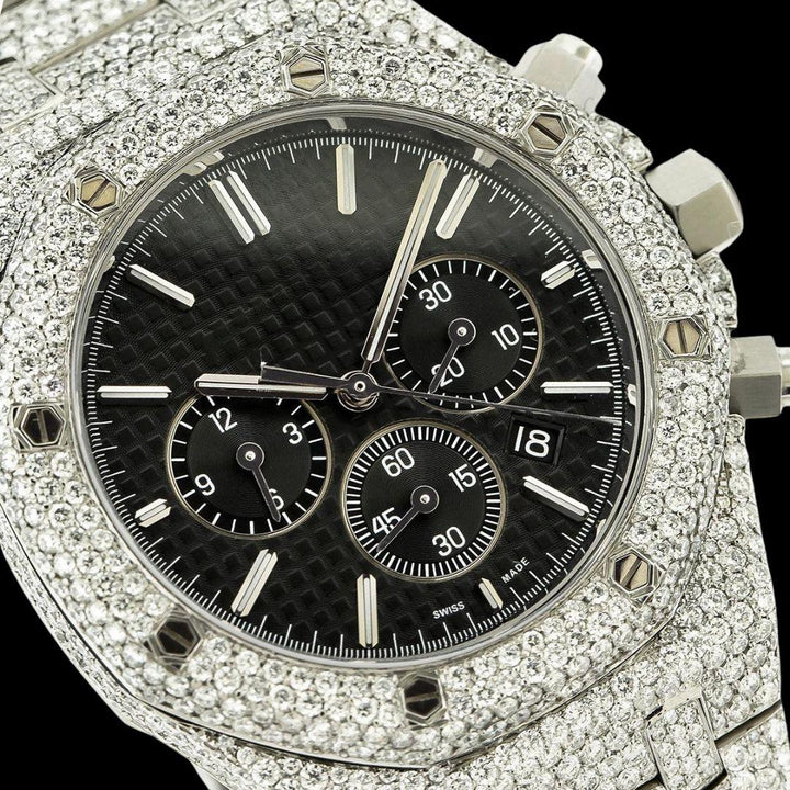 AP Royal Oak Chronograph Black Dial Stick Markets Fully Iced Out Moissanite Watch Close Up Chronograph View