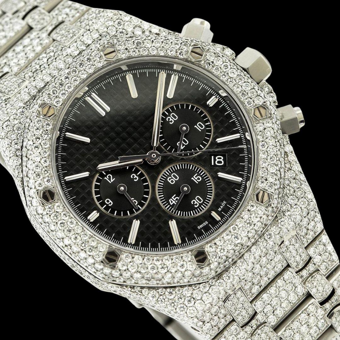 AP Royal Oak Chronograph Black Dial Stick Markets Fully Iced Out Moissanite Watch Close Up Dial View