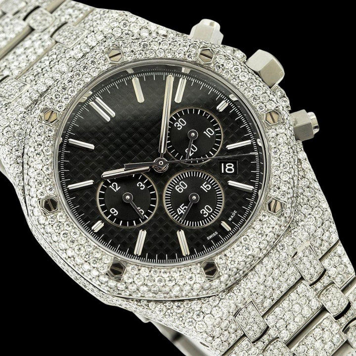 AP Royal Oak Chronograph Black Dial Stick Markets Fully Iced Out Moissanite Watch Close Up Dial View