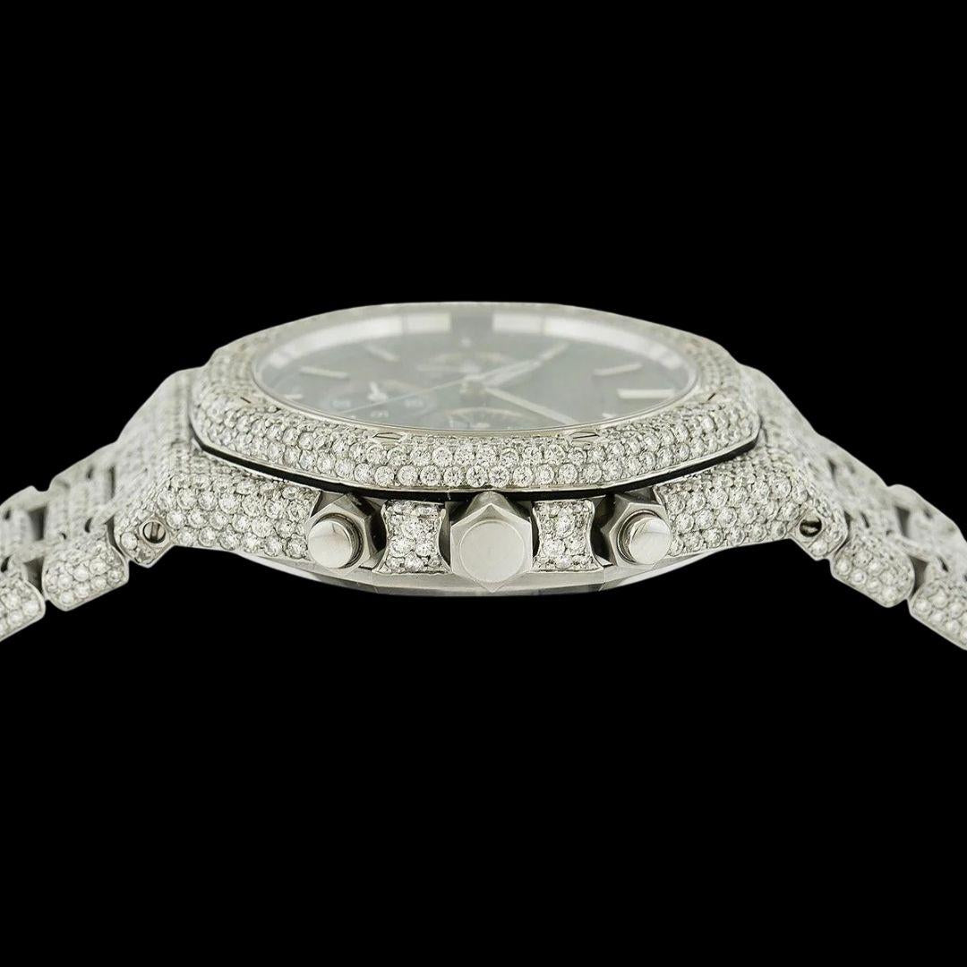 AP Royal Oak Chronograph Black Dial Stick Markets Fully Iced Out Moissanite Watch Crown View