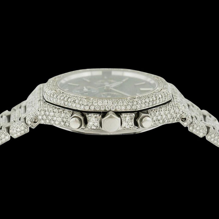 AP Royal Oak Chronograph Black Dial Stick Markets Fully Iced Out Moissanite Watch Crown View