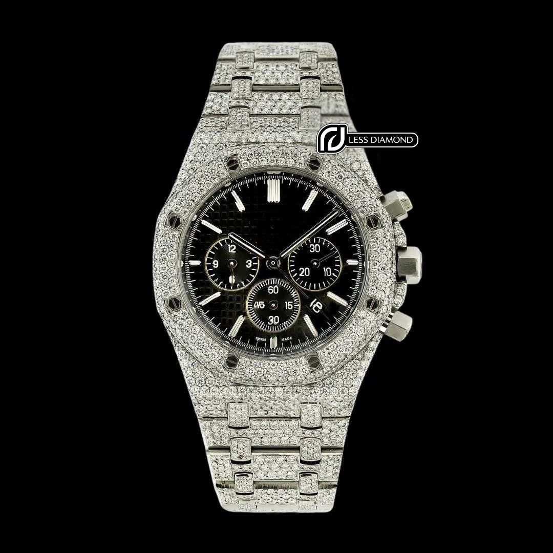 AP Royal Oak Chronograph Black Dial Stick Markets Fully Iced Out Moissanite Watch Front View