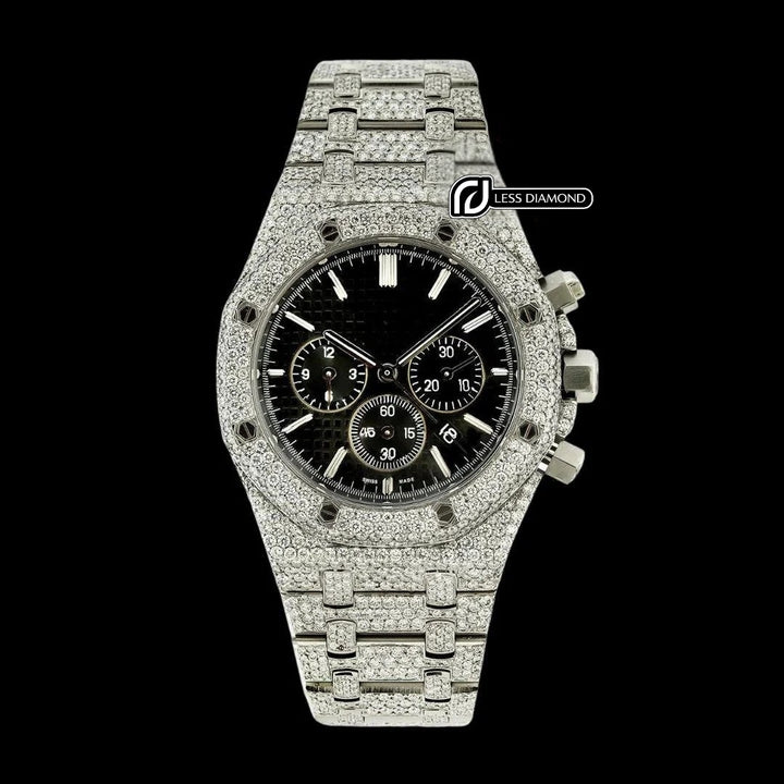 AP Royal Oak Chronograph Black Dial Stick Markets Fully Iced Out Moissanite Watch Front View