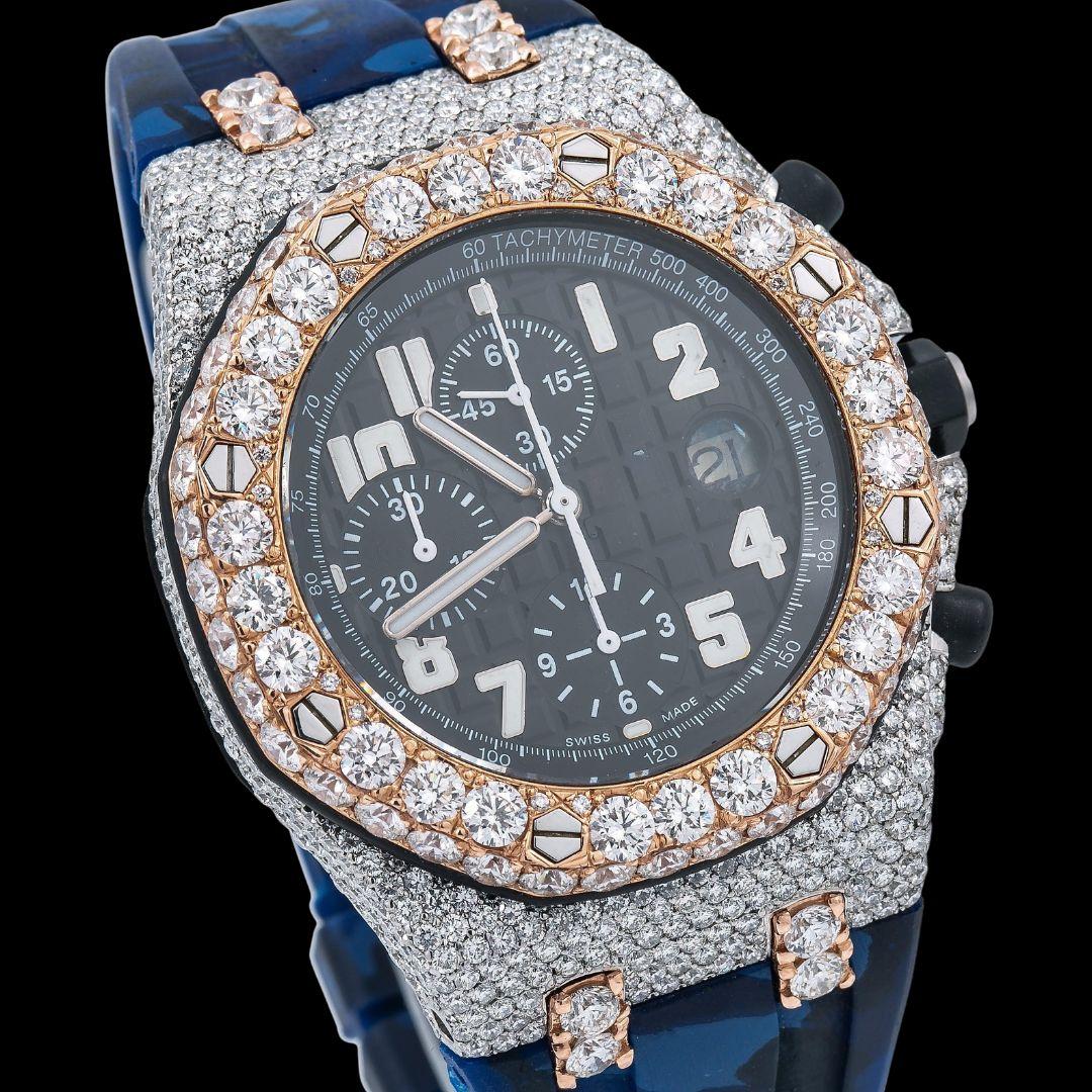 AP Royal Oak Chronograph Blue Dial White Standard Numerals Two Tone Rose Gold Semi Iced Out Rubber Strap Watch Close Up Dial View