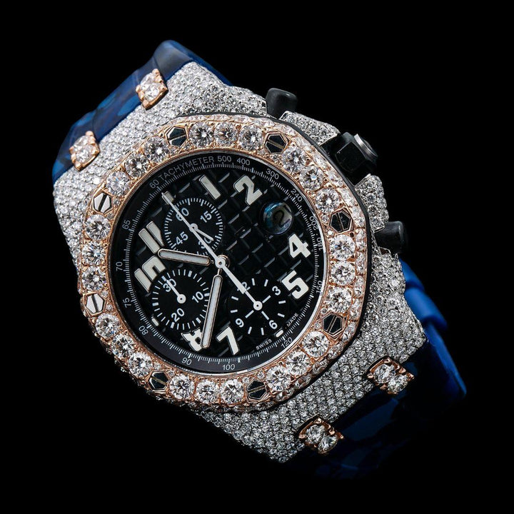 AP Royal Oak Chronograph Blue Dial White Standard Numerals Two Tone Rose Gold Semi Iced Out Rubber Strap Watch Close Up Front View