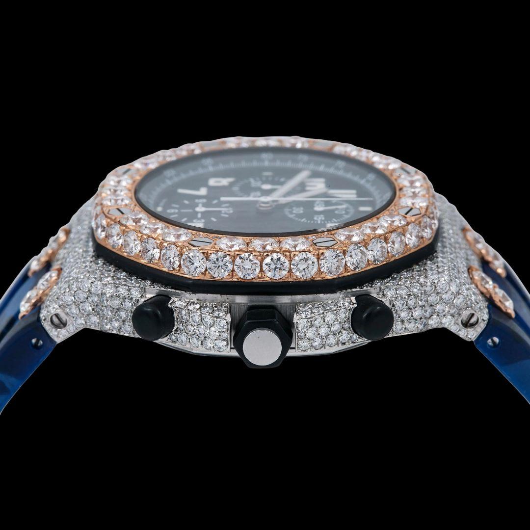 AP Royal Oak Chronograph Blue Dial White Standard Numerals Two Tone Rose Gold Semi Iced Out Rubber Strap Watch Crown View