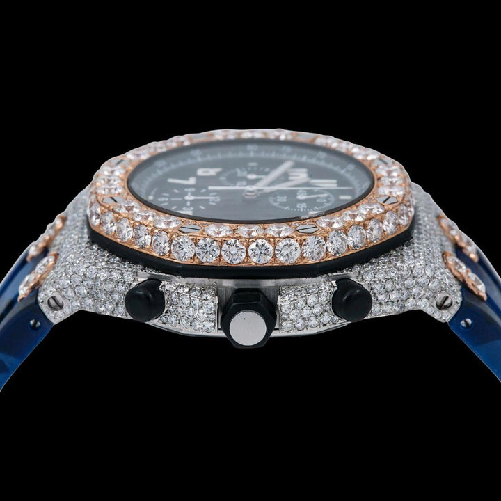 AP Royal Oak Chronograph Blue Dial White Standard Numerals Two Tone Rose Gold Semi Iced Out Rubber Strap Watch Crown View