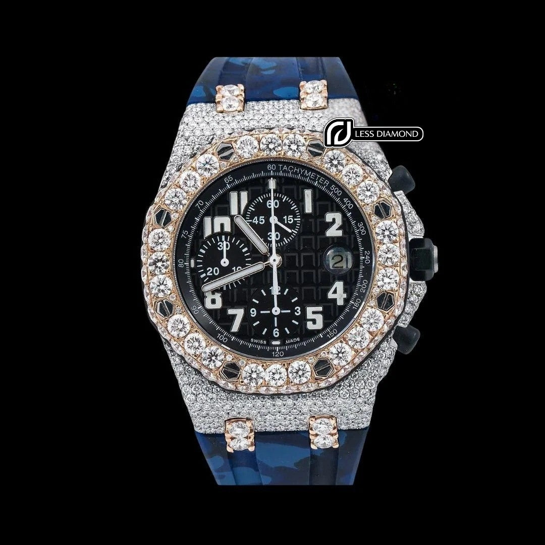 AP Royal Oak Chronograph Blue Dial White Standard Numerals Two Tone Rose Gold Semi Iced Out Rubber Strap Watch Front View