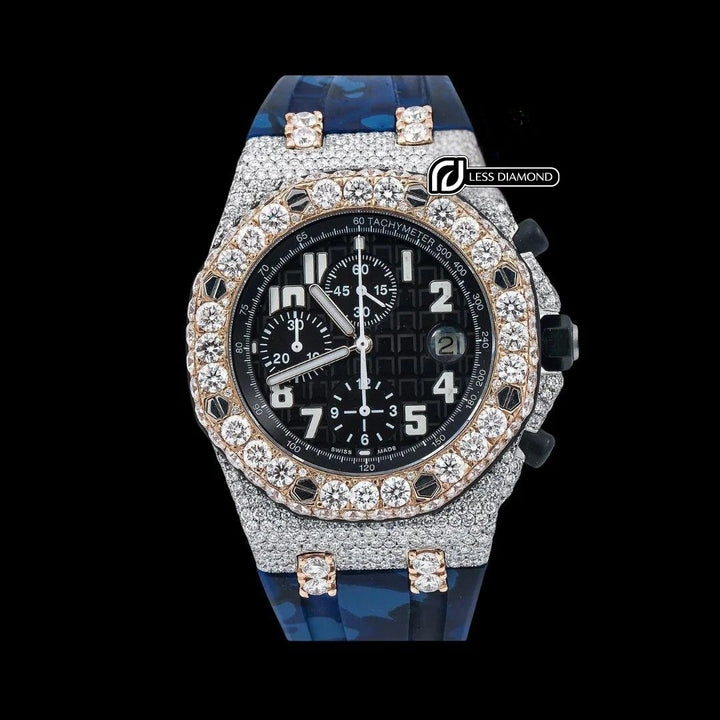 AP Royal Oak Chronograph Blue Dial White Standard Numerals Two Tone Rose Gold Semi Iced Out Rubber Strap Watch Front View