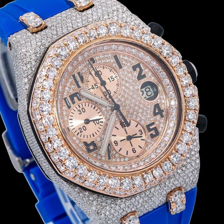 AP Royal Oak Chronograph Dial Black Standard Numerals Blue Rubber Strap Semi Iced Out Two Tone Watch Close Up Dial View