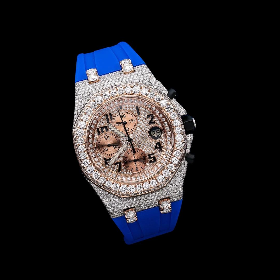 AP Royal Oak Chronograph Dial Black Standard Numerals Blue Rubber Strap Semi Iced Out Two Tone Watch Close Up Front View